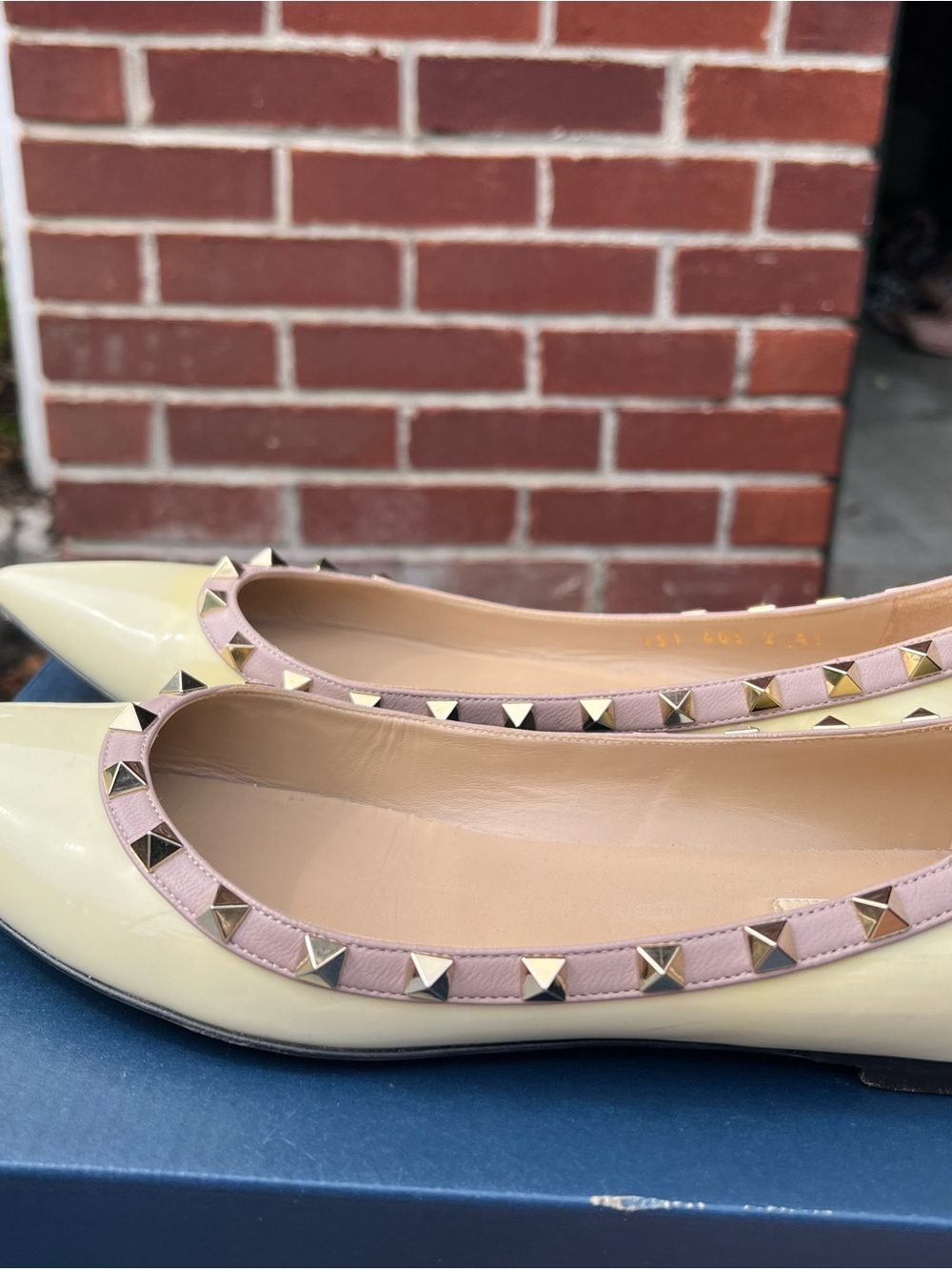 Valentino Cream Patent Pointed Flats with Pink Trim and Gold Studs